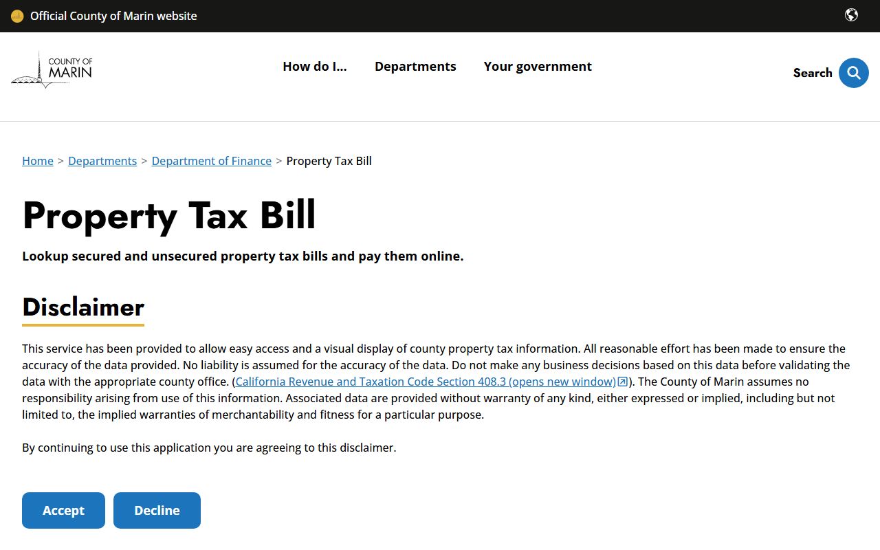 Marin County tax bill online portal interface