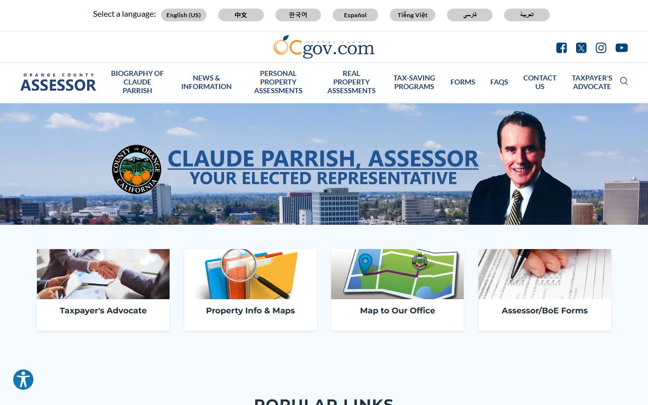 Orange County Assessor Department website homepage