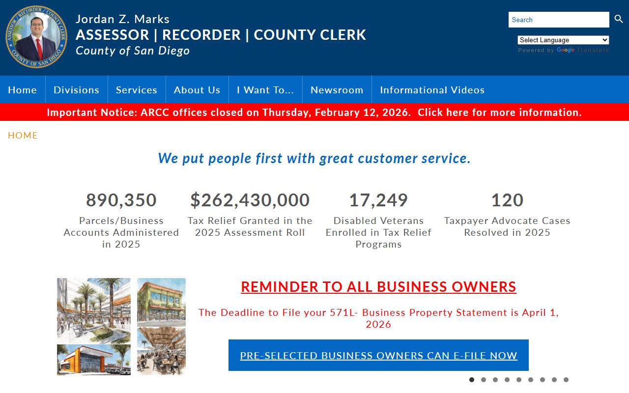 San Diego County Assessor office website homepage