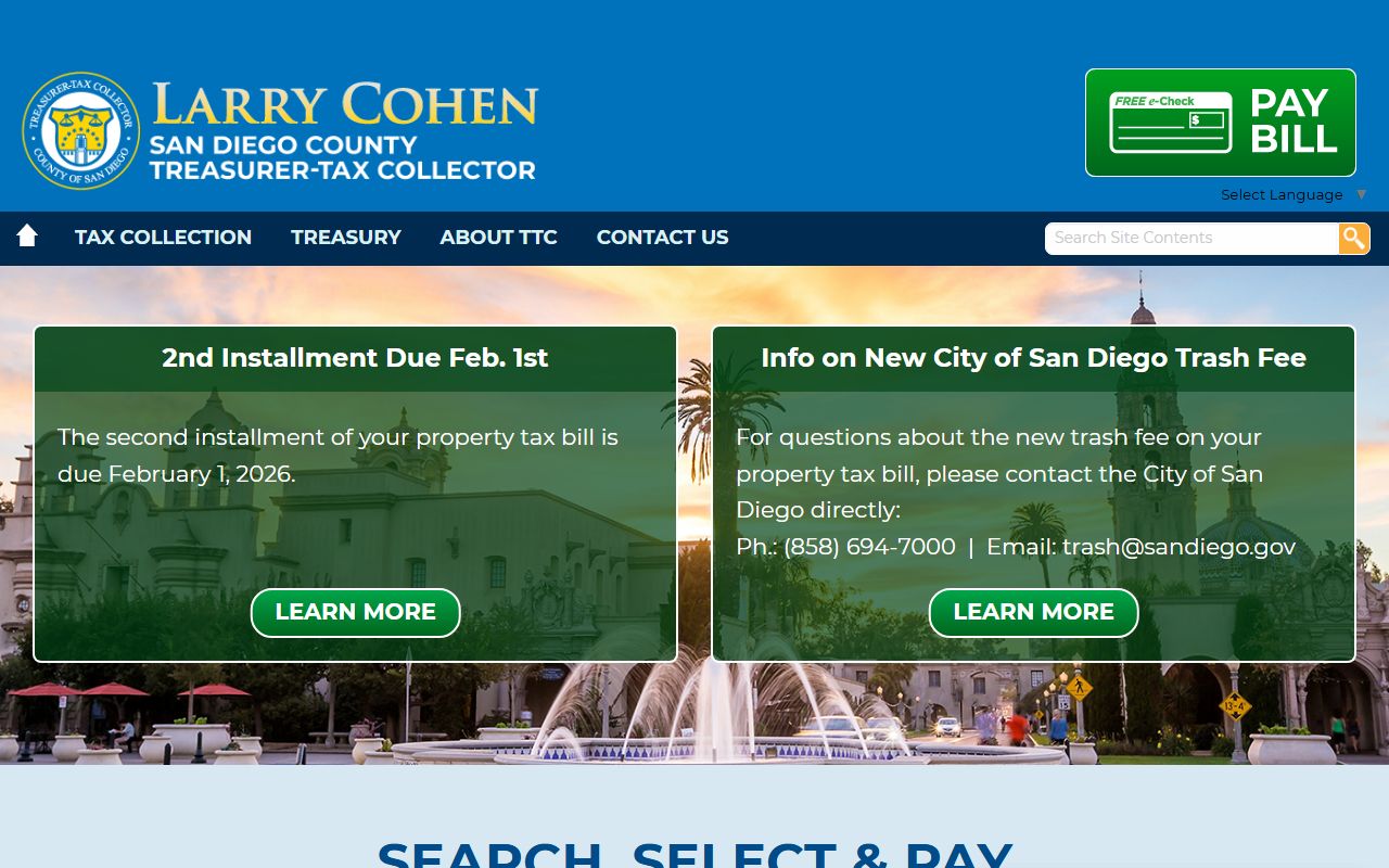 San Diego County Tax Collector website interface