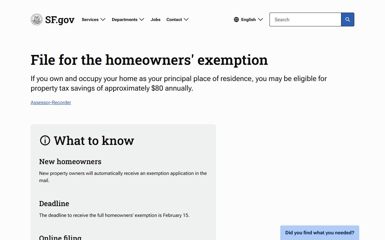 San Francisco homeowners exemption filing page