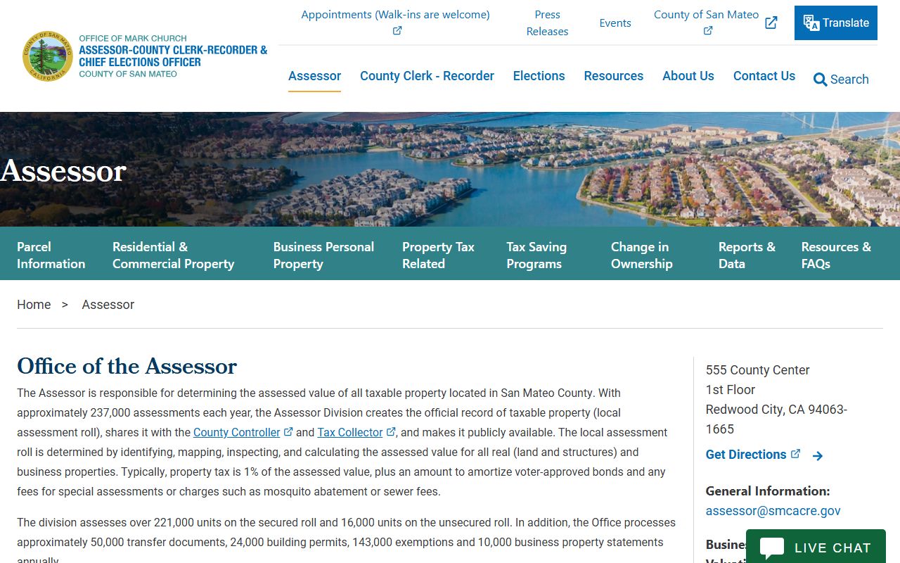 San Mateo County Assessor website homepage