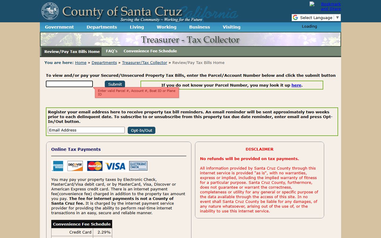 Santa Cruz County tax bills portal website