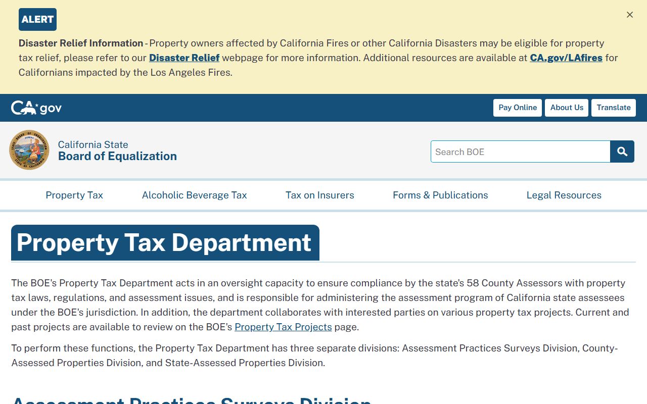 California Board of Equalization Property Tax Department main page
