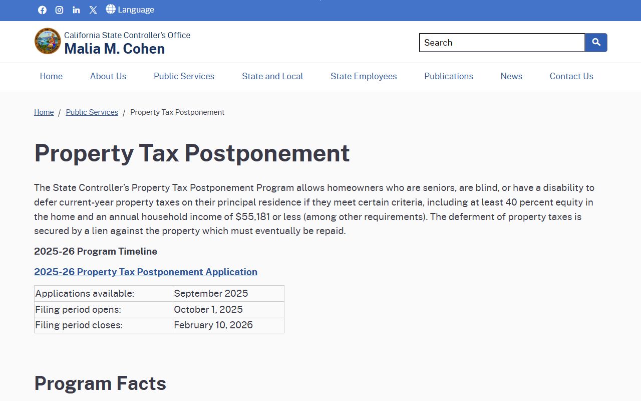 California State Controller Property Tax Postponement Program page